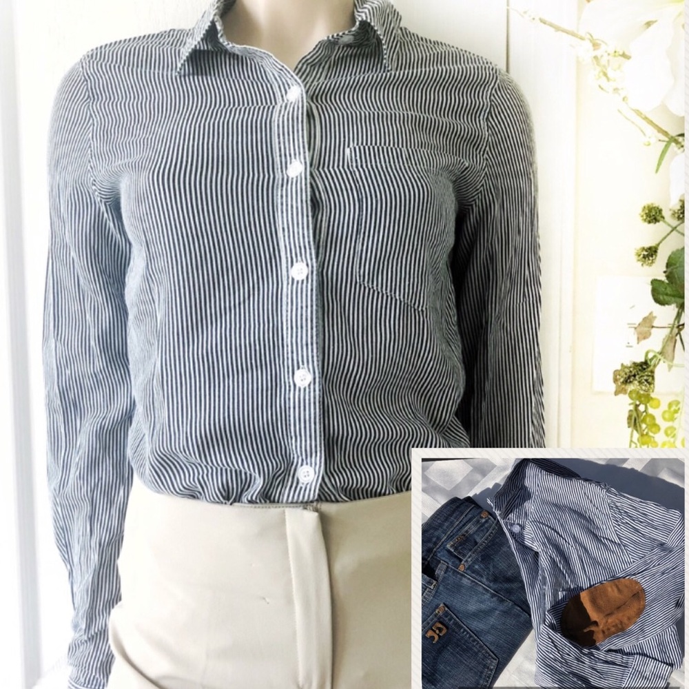 Callie Mac striped button-down shirt, elbow patch